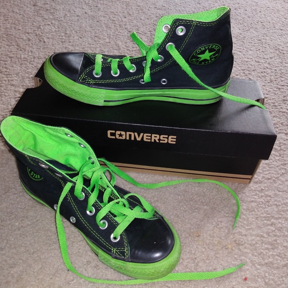 Black and Neon Green High Top Converse